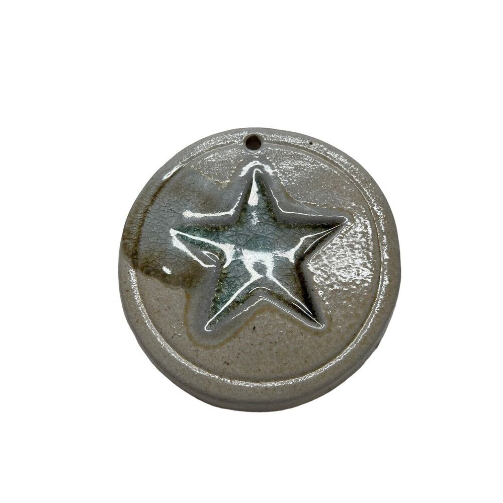 Vtg Buck Studio Pottery Green Crackle Glass Star Medallion Ornament Country